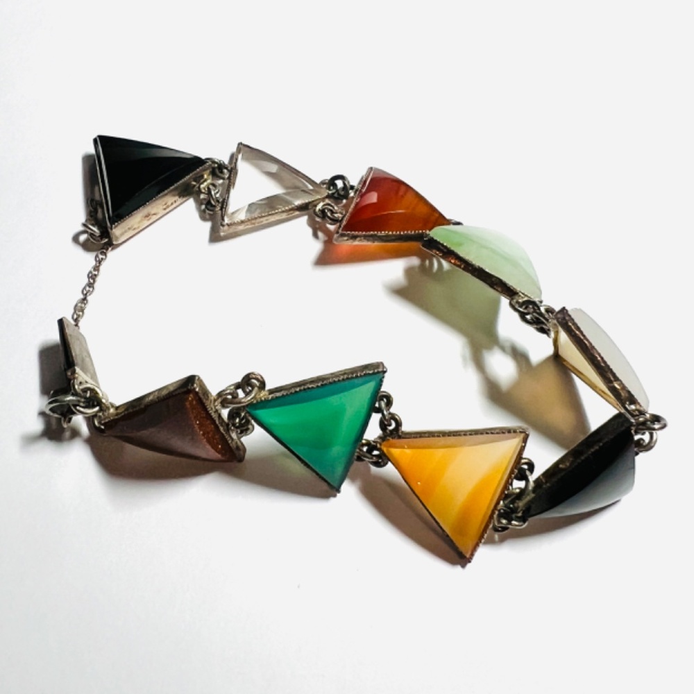 Vintage Midcentury Bracelet - Triangle Faceted Semi Precious Stones - Silver - Picture 4 of 11